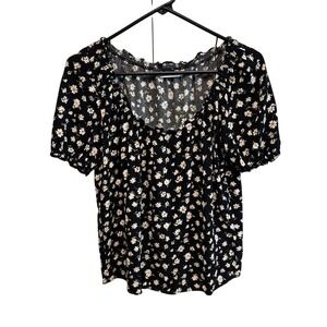 Reformation Black Daisy Print Square Neck Puff Sleeve Blouse Size S